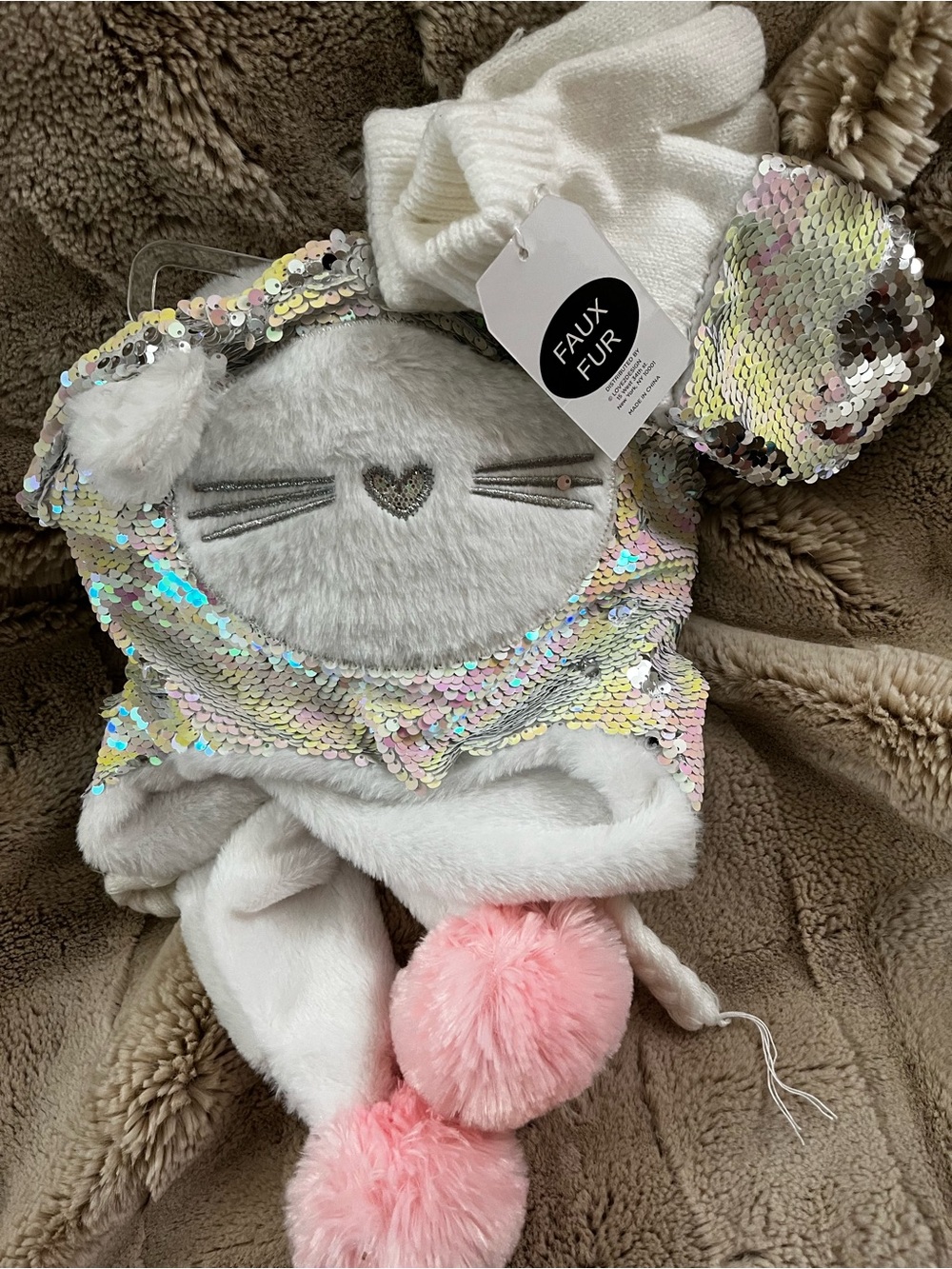 Girls Winter Set Hat Scarf Mittens Sequined Kitty Cat